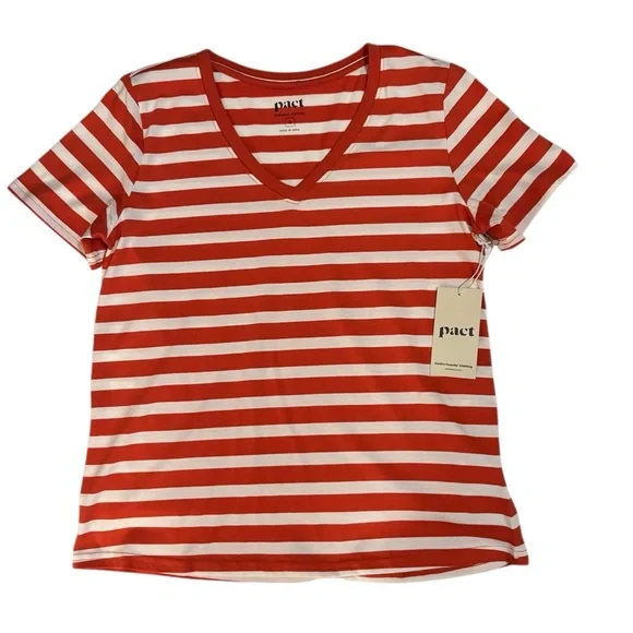 Pact Softspun V-Neck Tee in Palisade (Red-Orange & White Stripes). Size S. NWT - Picture 3 of 9